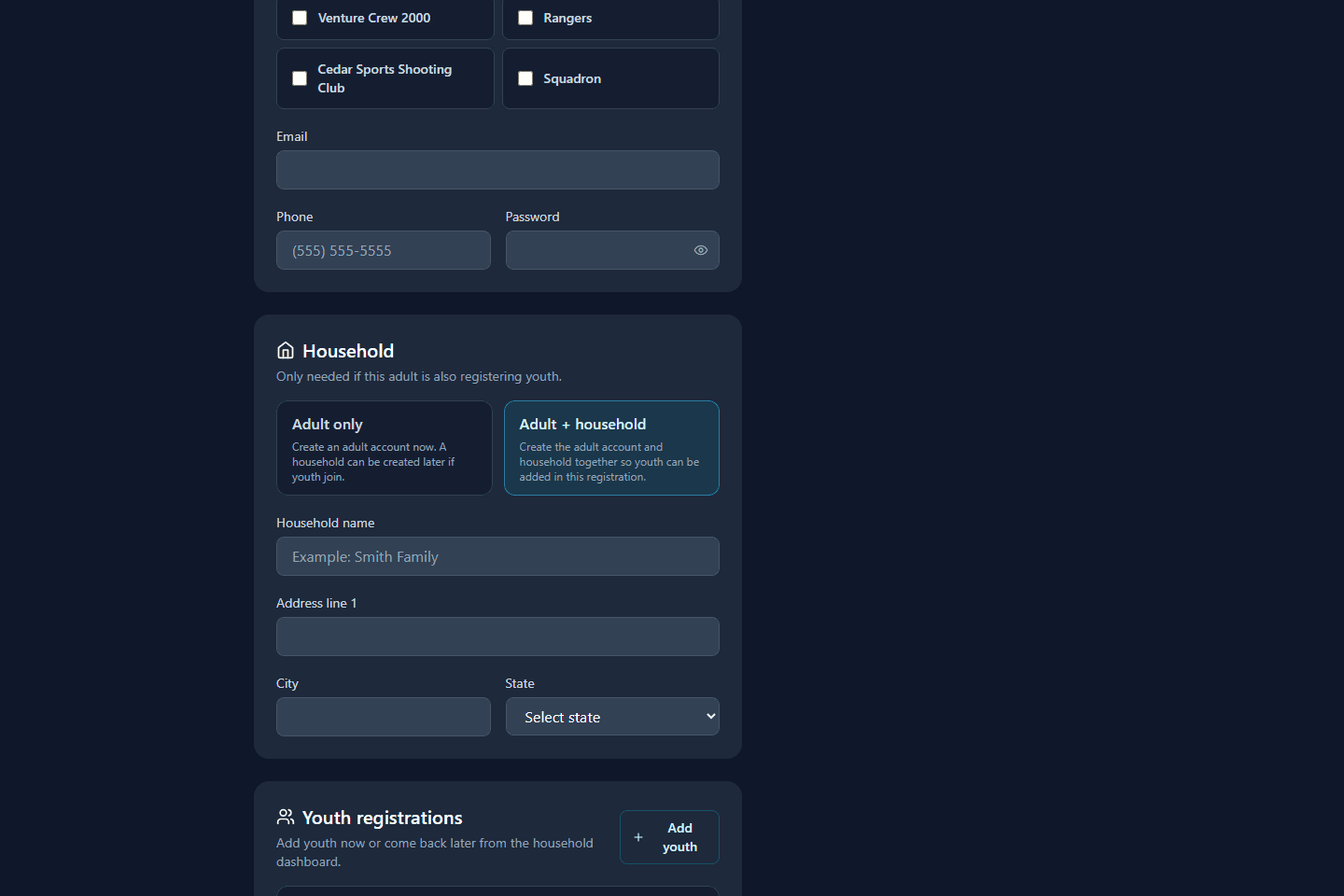 Pathfinder household section showing Adult plus household selected.