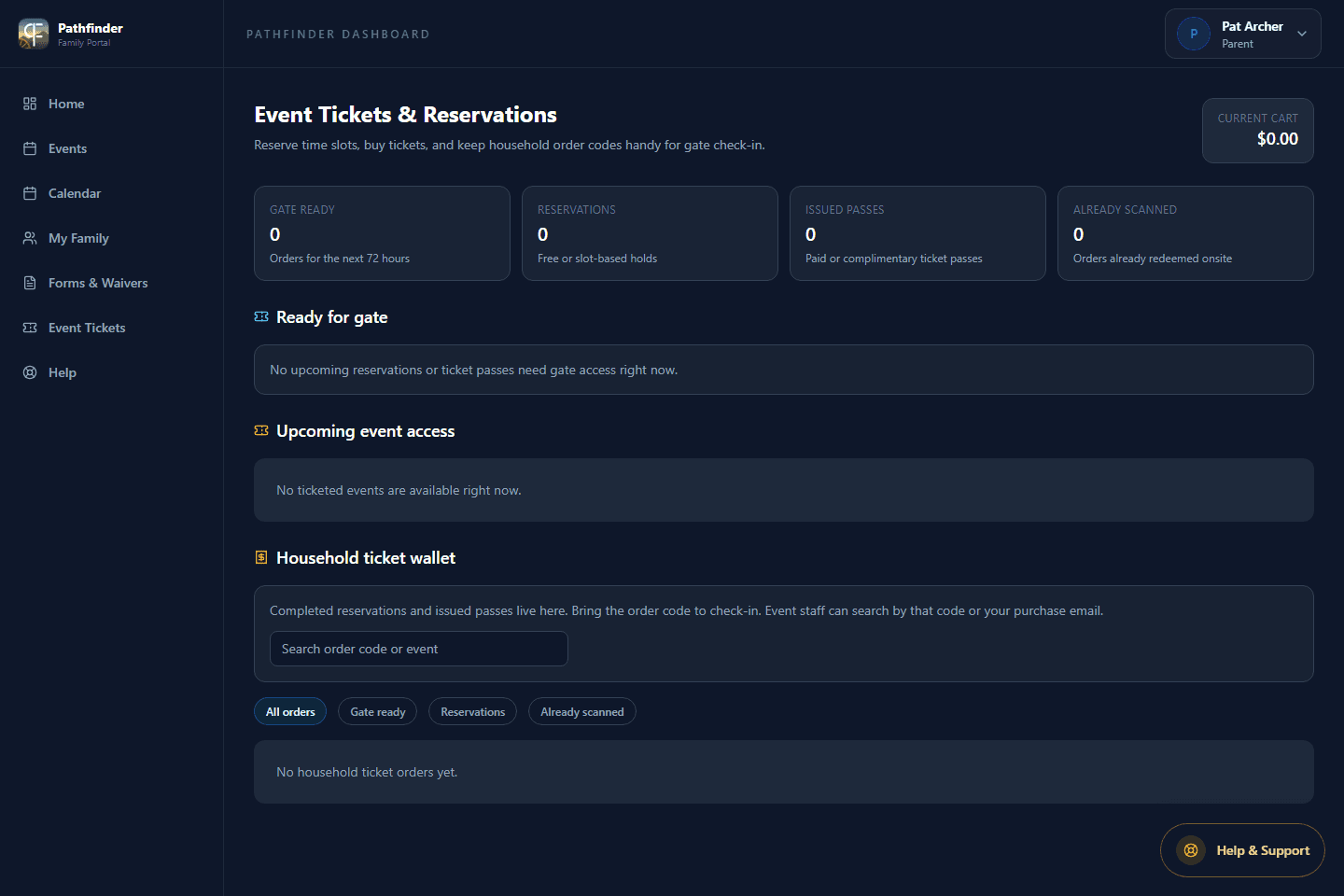 Event Tickets screen in the Pathfinder family portal.