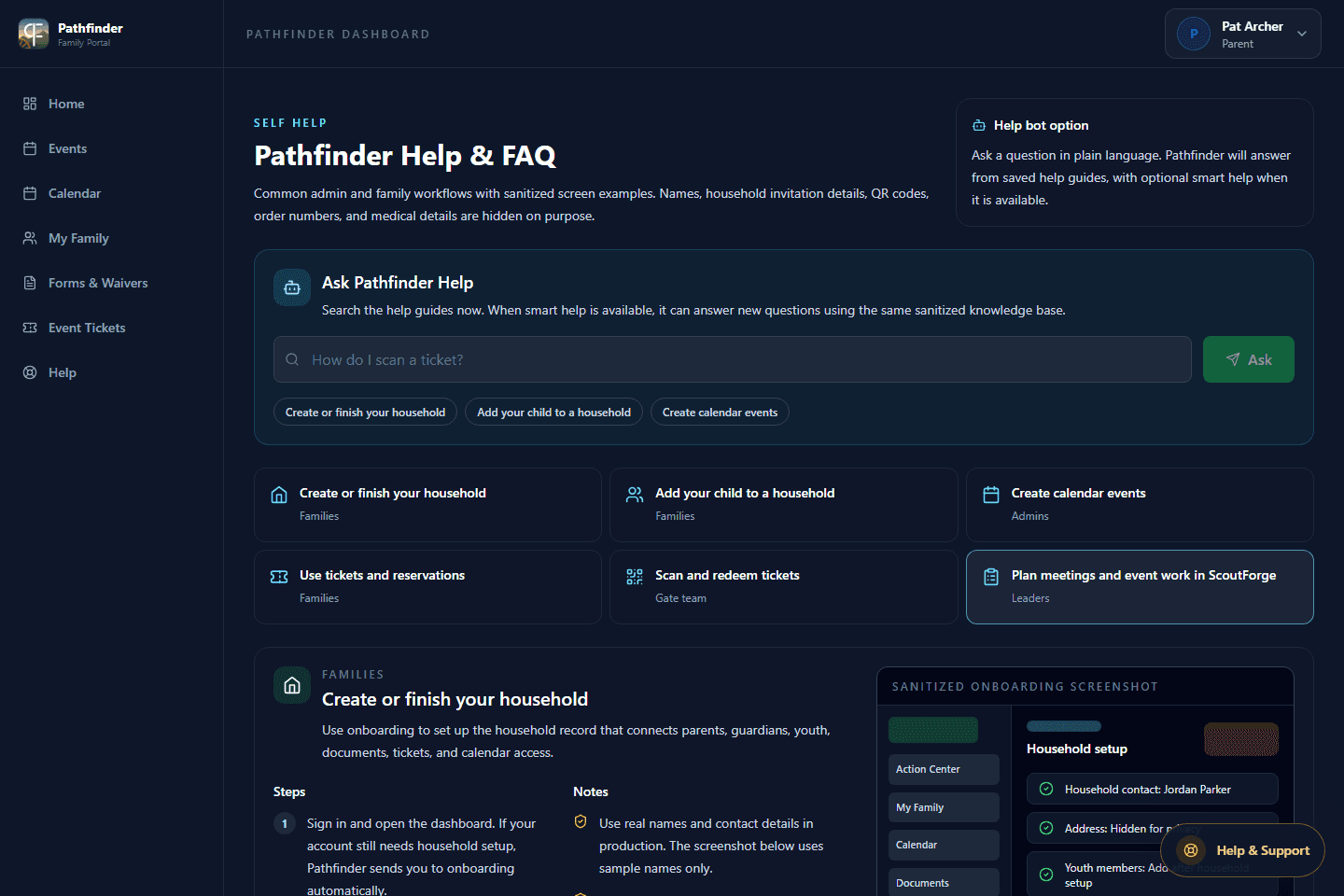 Help screen in the Pathfinder family portal.